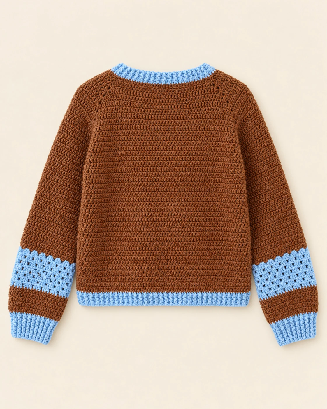 Back view of the Chestnut & Sky Crochet Cardigan with a chestnut-brown body and sky-blue neckline and hem