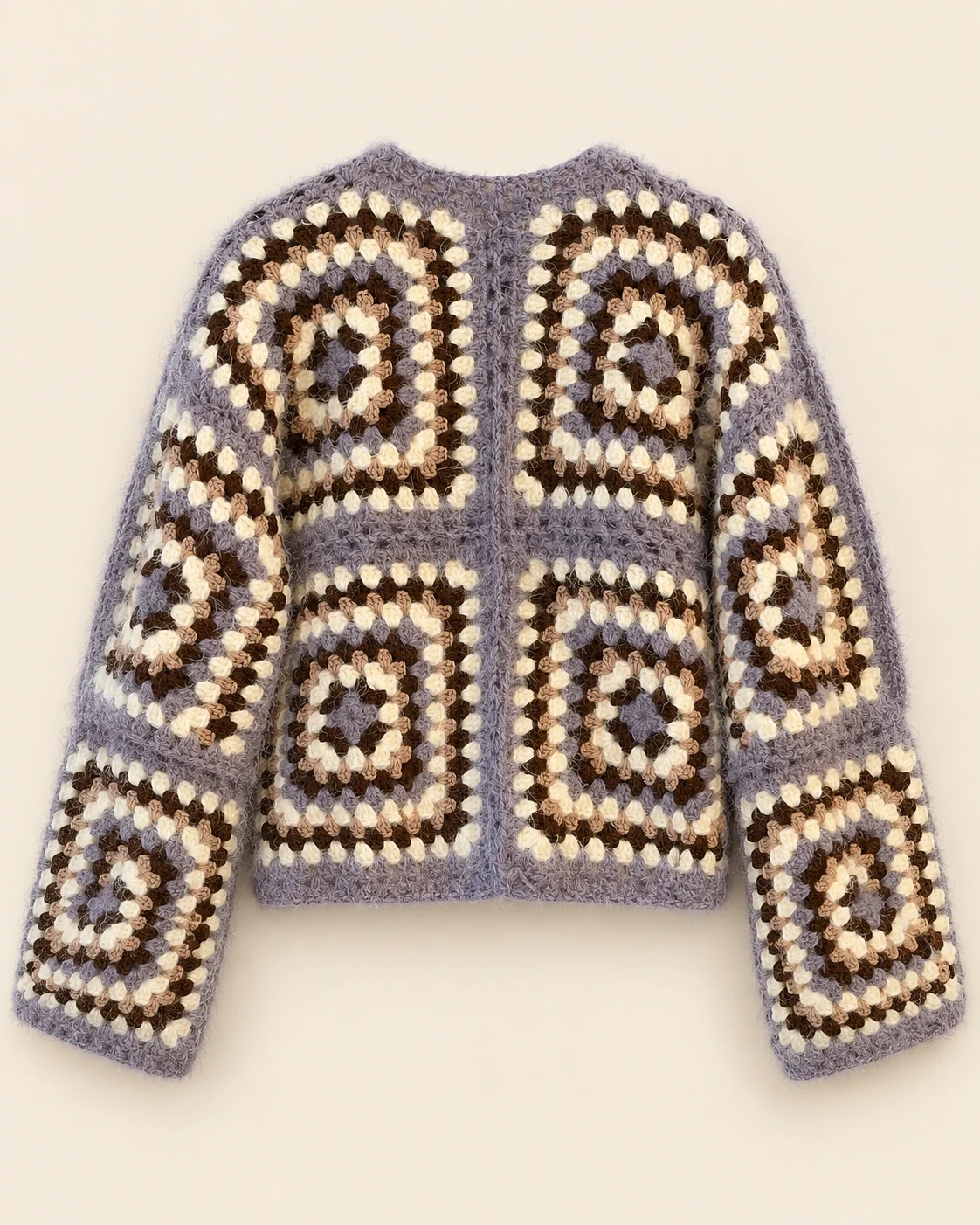 Back view of the Lavender Granny Square Cotton Cardigan with four large crochet squares in lavender, cocoa, beige and cream